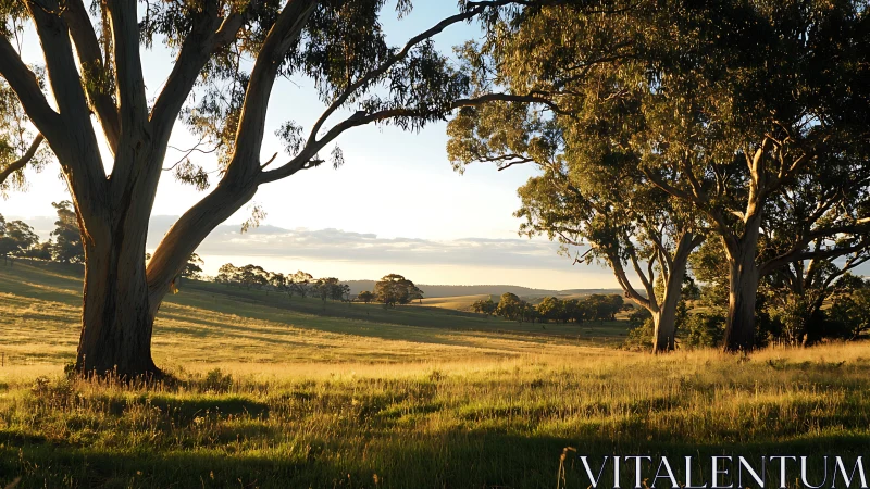 Golden light bathes rolling fields beneath tall eucalyptus trees.