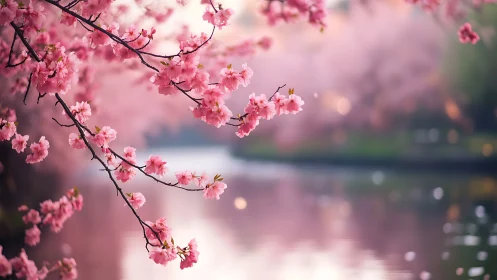 Pink flowering tree branches with soft-focus bokeh background and water