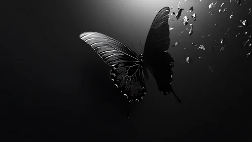 Black butterfly shatters into starlit fragments of shadow.