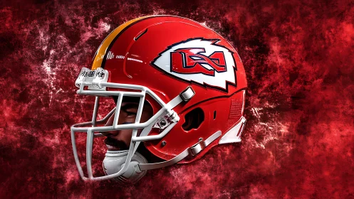 Red football helmet closeup on textured red background.