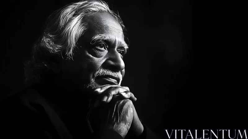 Elderly man in black and white portrait with thoughtful gaze.