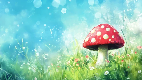 Sunny meadow toadstool dreaming under a watercolor sky.