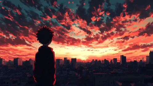 Silhouetted figure observes dense urban skyline at sunset