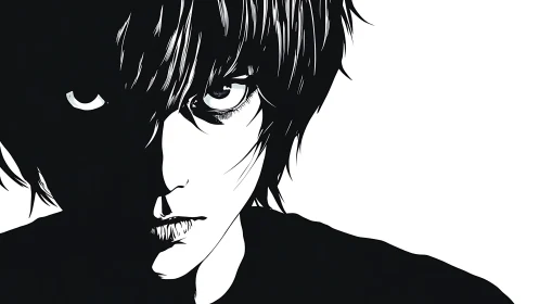 Shadowed gaze in bold black and white anime portrait.