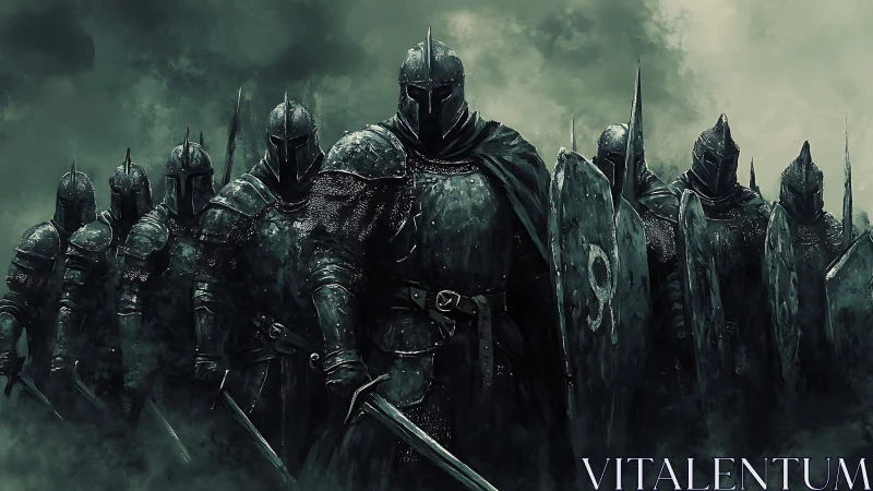 Armored medieval warriors advance in a dark battle line.