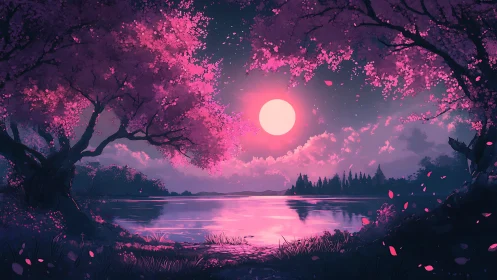 Dreamy pink moonrise glows over a tranquil lakeside grove