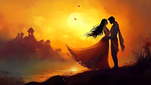 Silhouetted couple at sunset near palatial structure