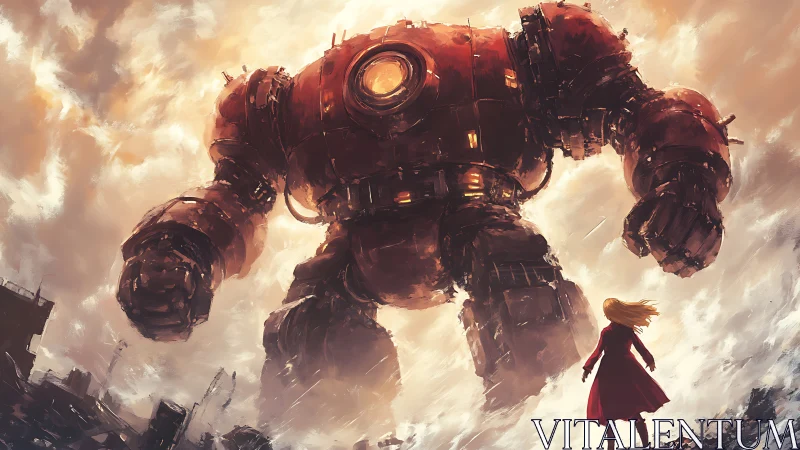 Colossal red mech towers over lone figure in storm sky.