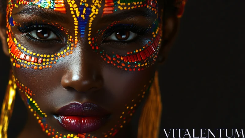 Nebula-eyed muse crowned in tribal neon constellations.