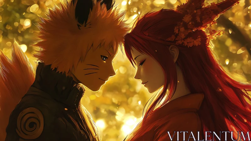 Sunlit anime couple in autumn glow, tender close embrace.