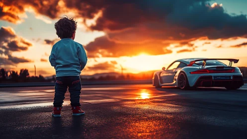 Backlit child studies racing car under hyperreal sunset sky