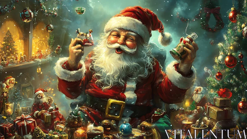 Festive Santa in glowing workshop amid toys and candles.