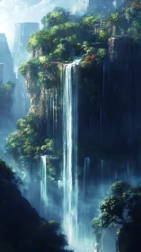 Hidden cliffside waterfalls in a misty sky jungle sanctuary.