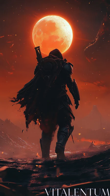 Lone armored wanderer strides beneath a burning blood moon.