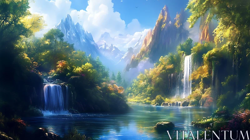 Digital painting of alpine waterfalls with luminous foliage cascade.