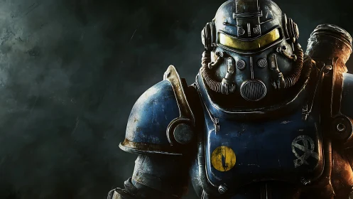 Armored power-suit portrait under cinematic low-key lighting