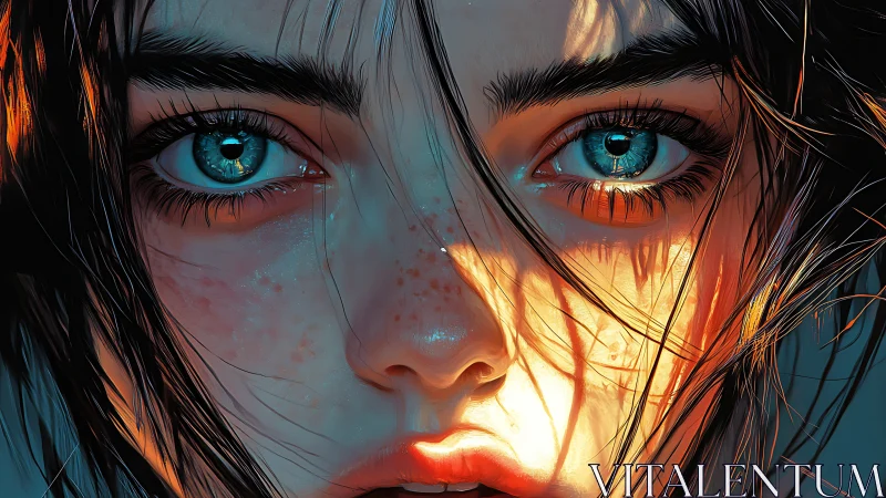 High-contrast digital portrait with rim-lit strands and specular eyes