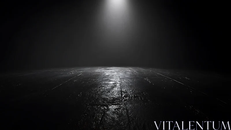 Single overhead spotlight cuts darkness above wet floor