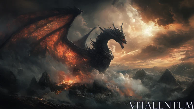 Volcanic-winged dragon dominates storm-lit mountainous wasteland