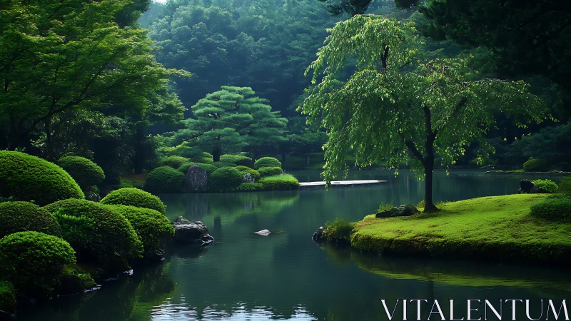 Whispering green islands in a still emerald garden pond.