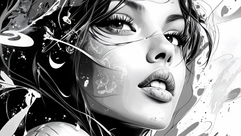 Monochrome vector portrait with fluid cosmic abstraction.