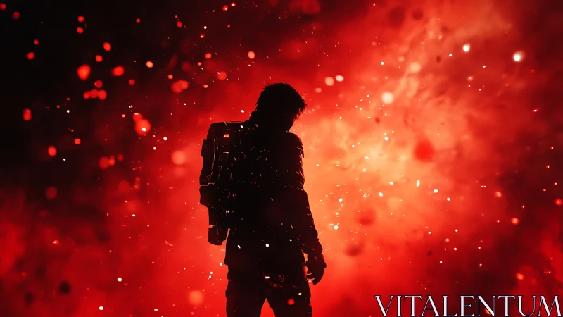 Silhouetted figure stands before dense red illuminated particles