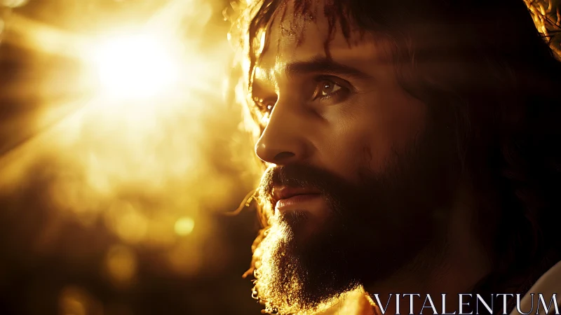 Radiant bearded man gazes into warm golden sunlight contemplatively.