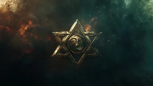 Celestial hexagram sigil burnishes the void with mythic fire.