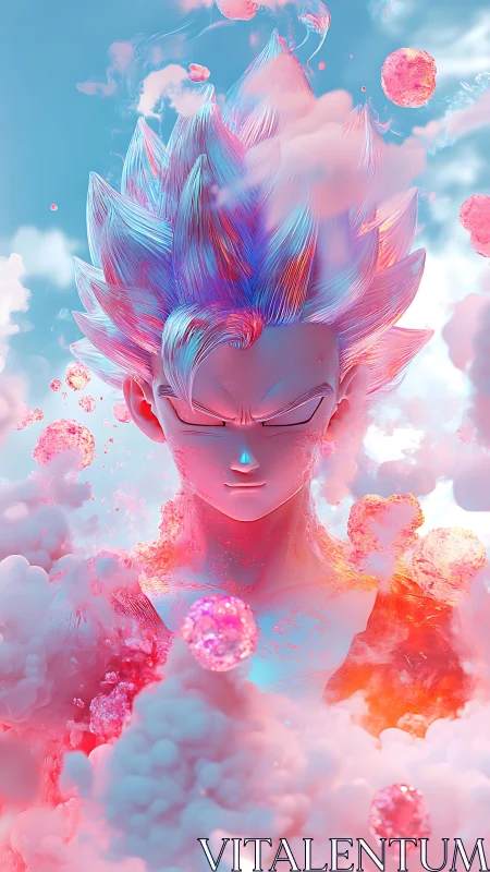 Stylized anime warrior amid pink energy clouds and orbs.