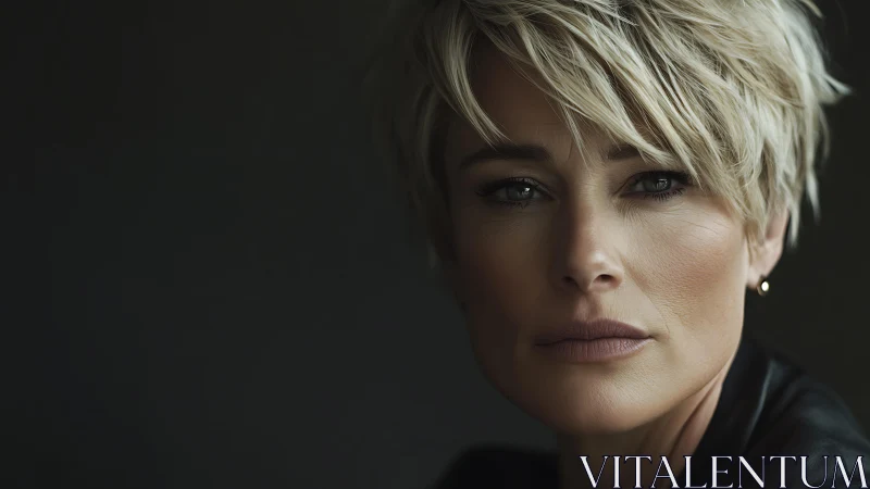 Confident woman with short blonde hair in moody studio light.
