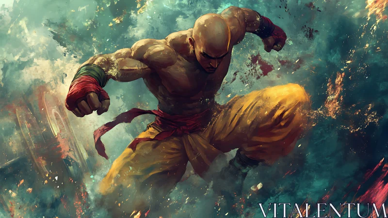 Bald martial artist in midair strike amid abstract debris.