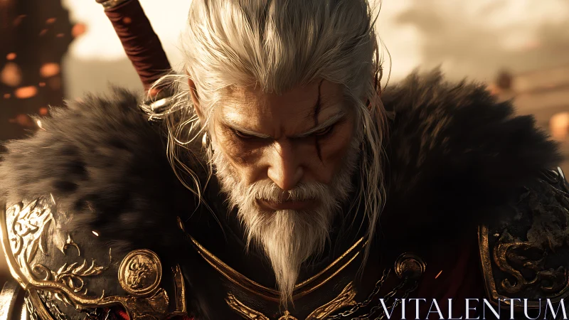 Battle-scarred silver warlord broods in ember-laced dusk.