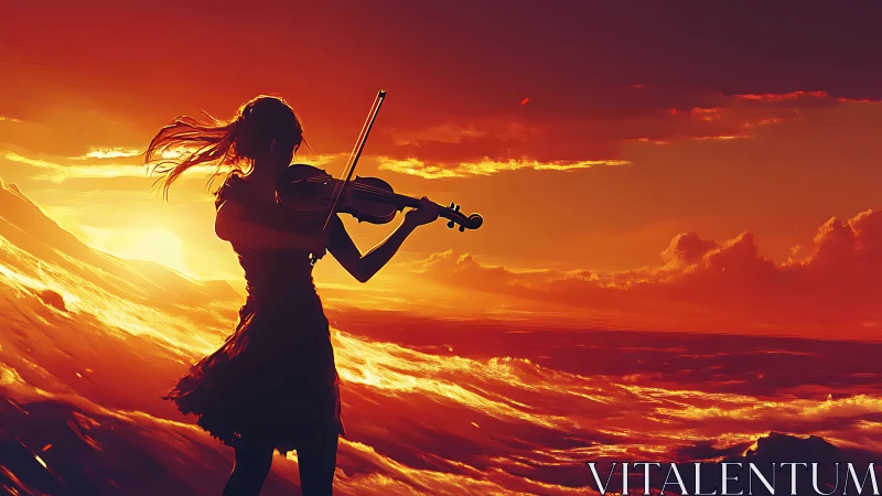 Silhouetted violinist performs against a blazing cinematic sunset