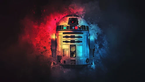 Robot droid illustration centered in red and blue nebula glow