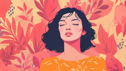 Stylized female portrait with flat-shaded foliage and warm palette