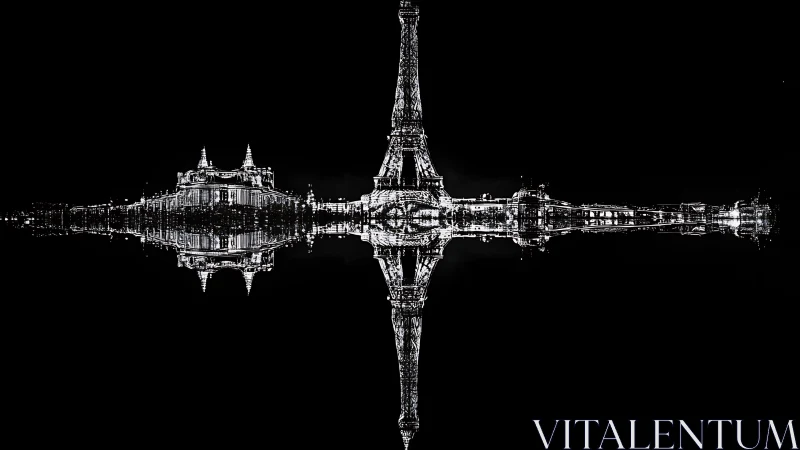 Paris night skyline reflection with Eiffel Tower symmetry.