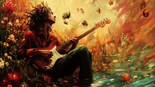 Guitar daydreamer surrounded by butterflies and wild blossoms.