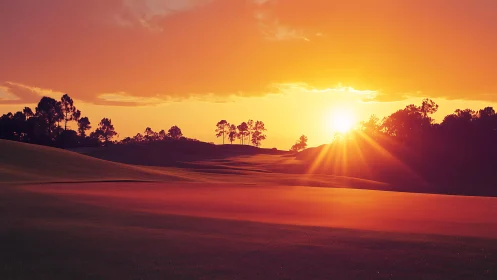 Golden sunset over sculpted golf fairway and tree silhouettes.