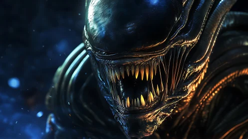 Brooding alien creature glowing in eerie blue light.