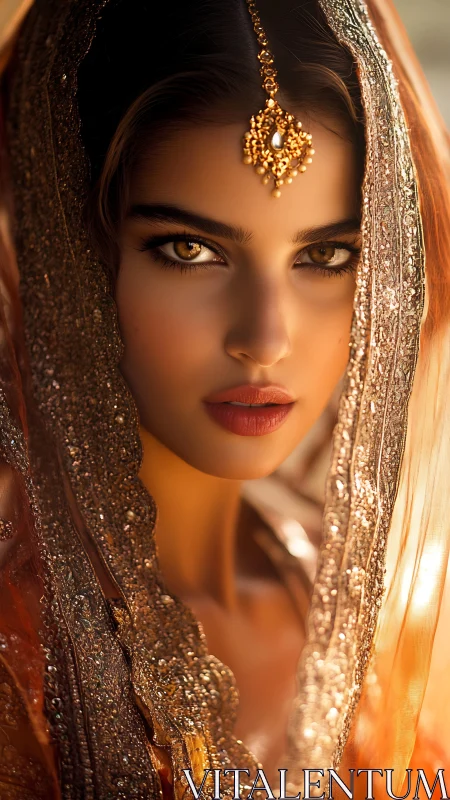 Golden-gazed bride stands in radiant, silk-veiled light