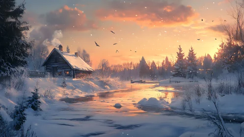 Snowy riverside cabin under glowing winter sunset sky.