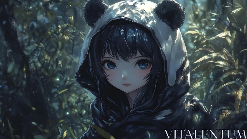 Nocturnal forest portrait isolates panda-hooded girl with specular light