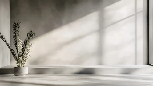 Minimalist interior corner shows potted palm and sunlight