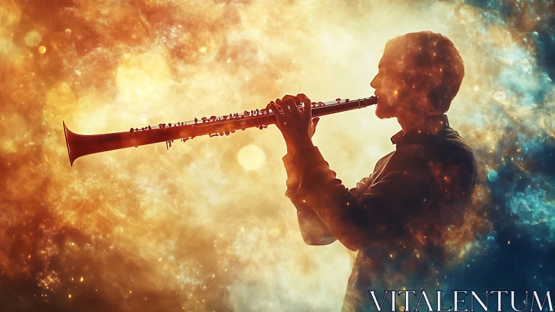 Clarinet player silhouette glows within swirling cosmic light.