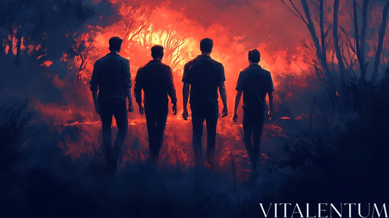 Four friends stride toward a glowing forest blaze together.