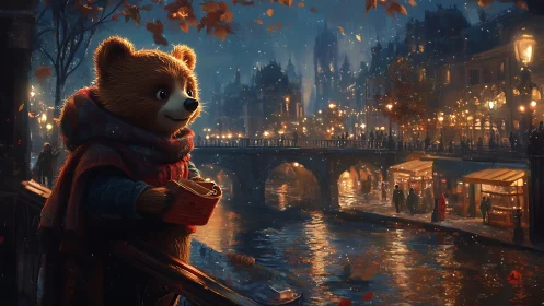 Cozy bear in scarf overlooking glowing riverside city.