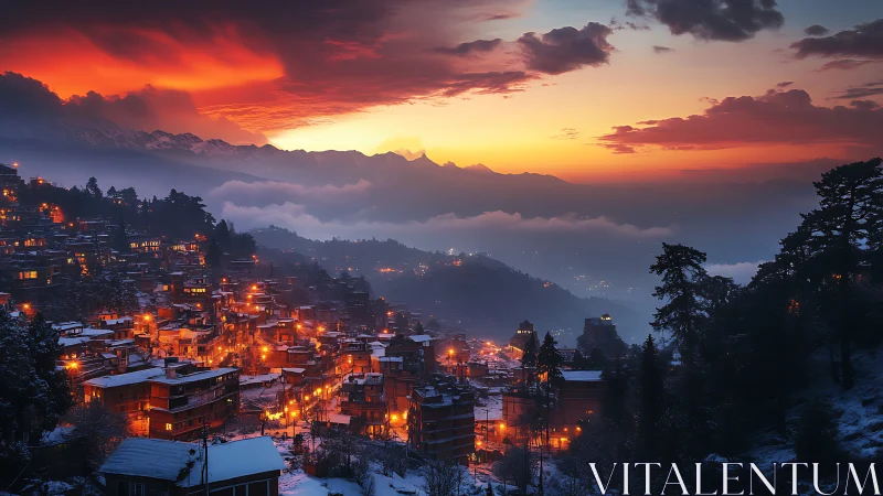 Mountain city glows under storm lit winter sunset sky.