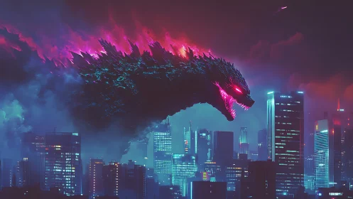 Neon kaiju overclocked above vapor-saturated cyber skyline.