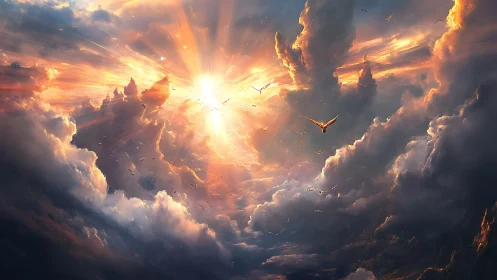 Radiant sky opens as golden birds soar through glowing clouds