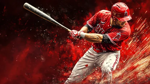 Powerful baseball swing in dynamic red digital artwork.